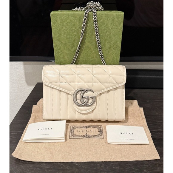 GUCCI GG Marmont White Shoulder Bag Metal Chain Nickel Finish Dust Bag Box - Picture 1 of 10